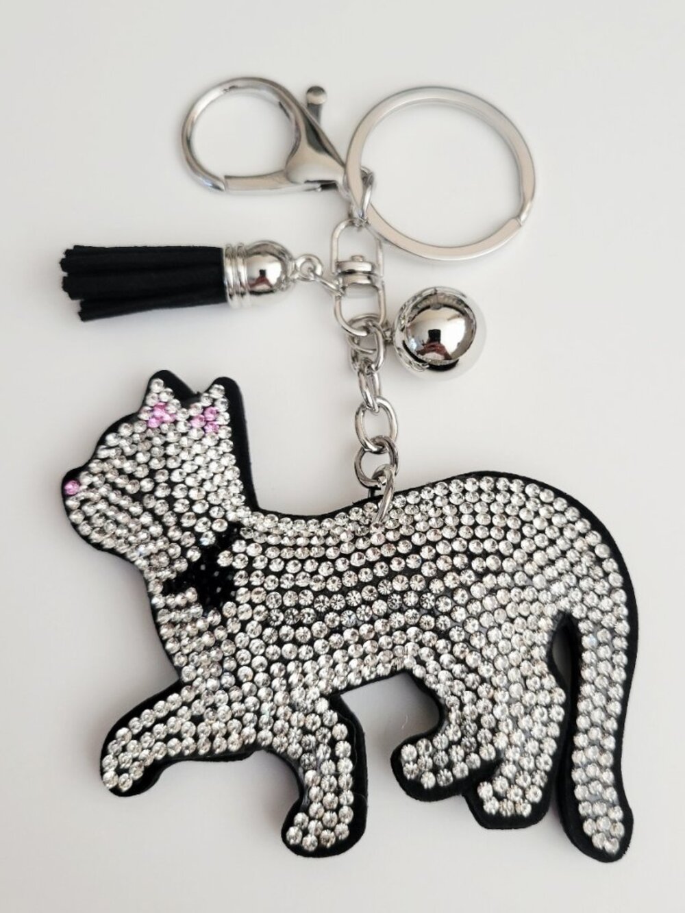 NWT Large Blingy Black And Silver Cat Keychain Bag Charm Puffy Sparkly Tassel